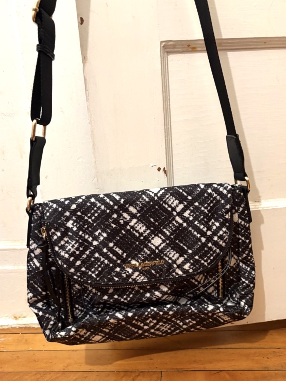 Karl Lagerfeld Paris Cara Nylon Black and White Abstract flap Messenger Bag